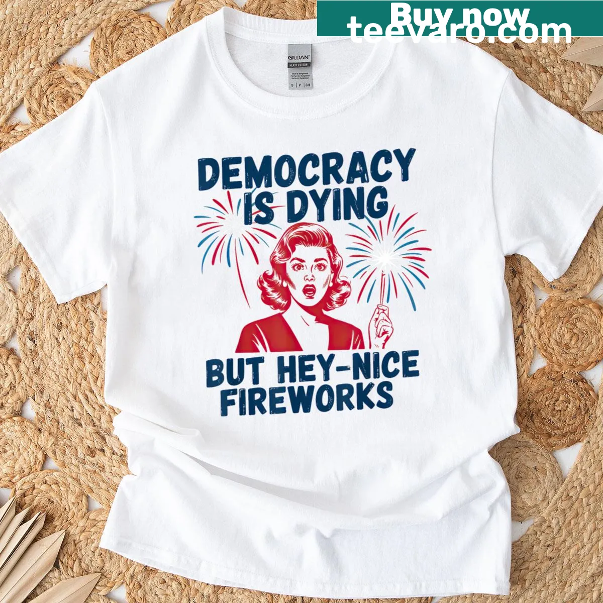 Sarcastic Fourth of July T-shirt with fireworks and text — on a men's t-shirt