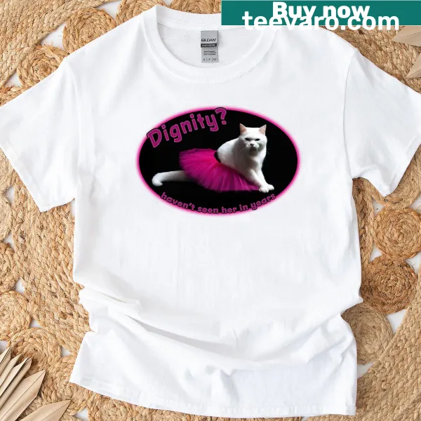 Whimsical illustration of a white cat in a pink tutu with humorous text