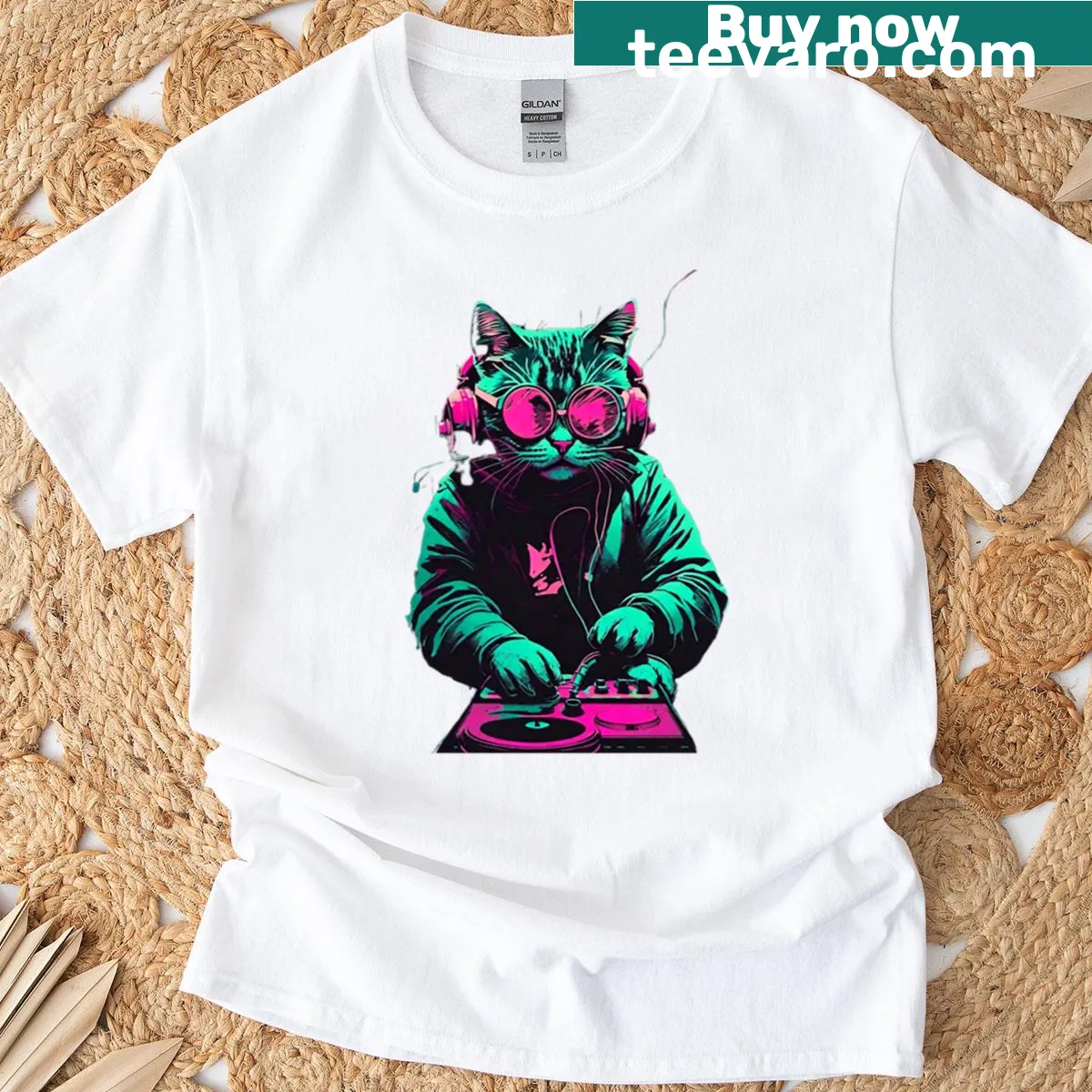 Retro DJ cat design with neon vibes and clubbing theme — on a men's t-shirt