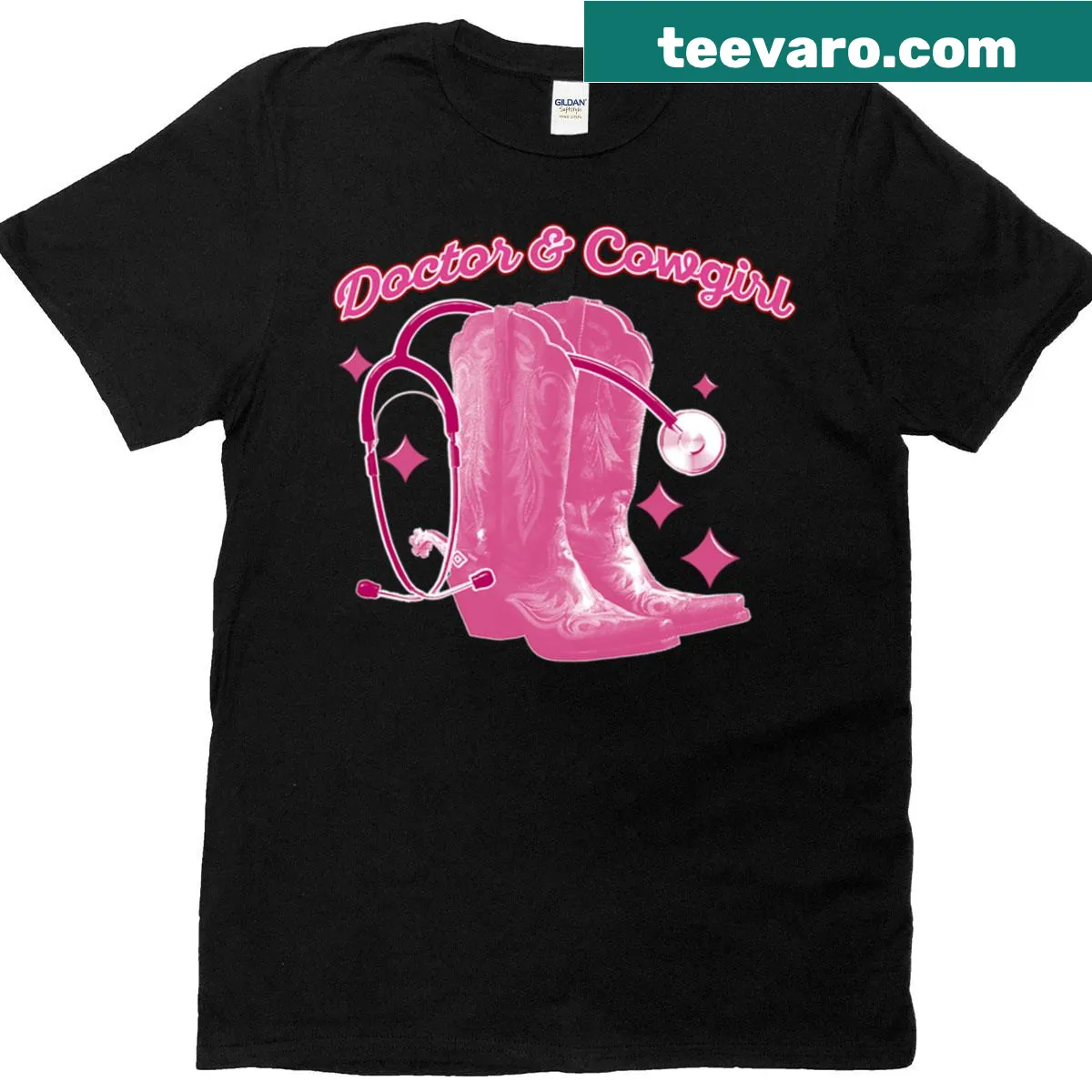 Illustration of a doctor and cowgirl with cowboy boots — on a men's t-shirt