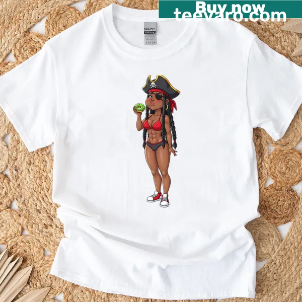 Playful female pirate in dark gray bikini with donut detail