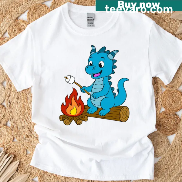 Illustration of a dragon toasting marshmallows over a campfire
