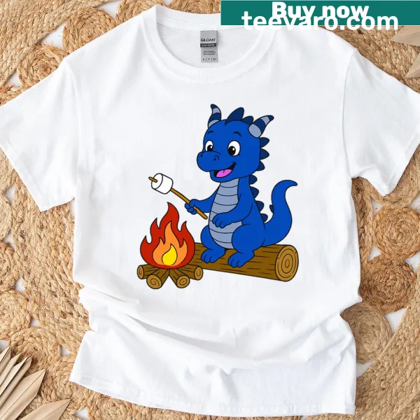 Adorable dark blue dragon toasting marshmallow over a campfire