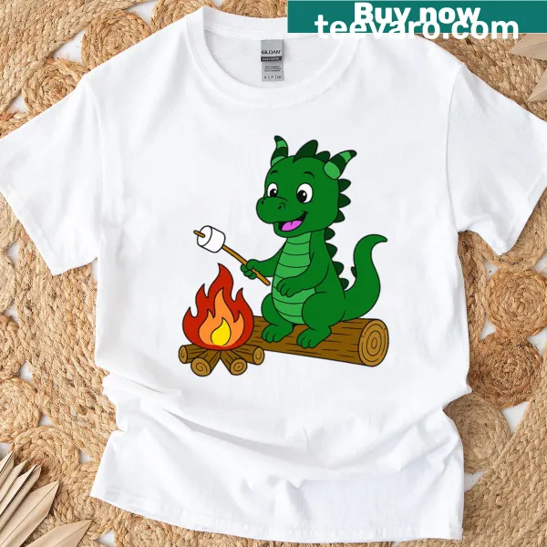Illustration of a dragon roasting marshmallows over a campfire