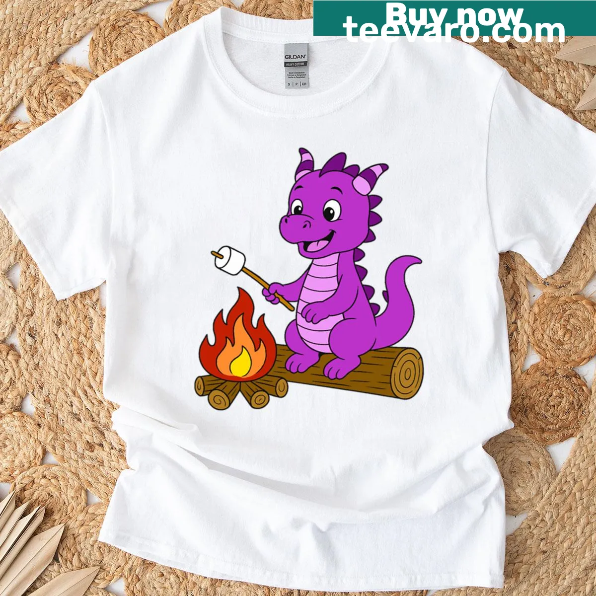 Charming graphic of a dragon toasting marshmallow T-shirt — on a men's t-shirt
