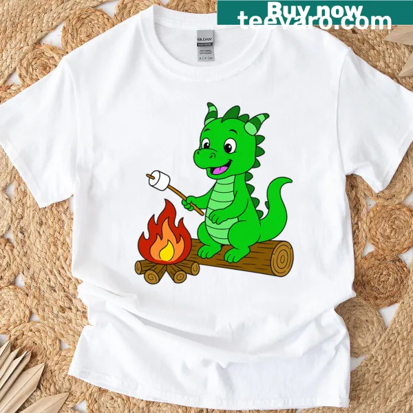 Cute green dragon toasting marshmallow over a campfire