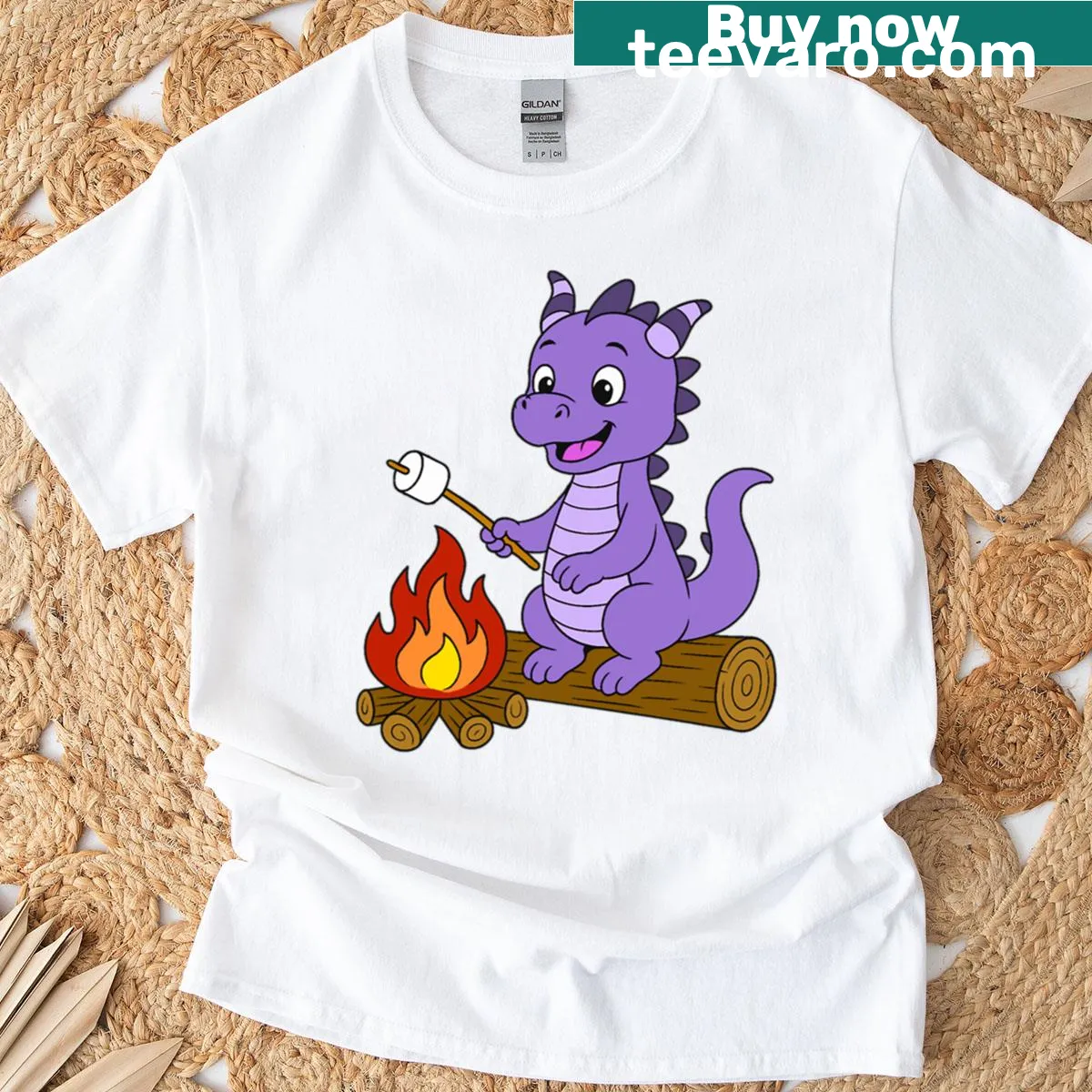 Illustration of a dragon toasting a marshmallow on a lavender t-shirt — on a men's t-shirt
