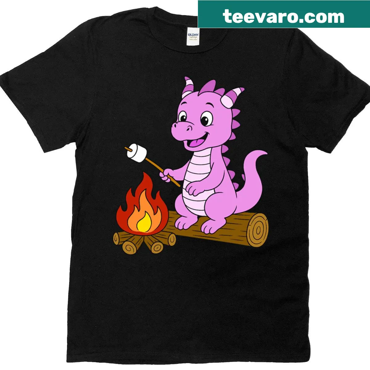 Illustration of a dragon toasting marshmallows over a fire — on a men's t-shirt