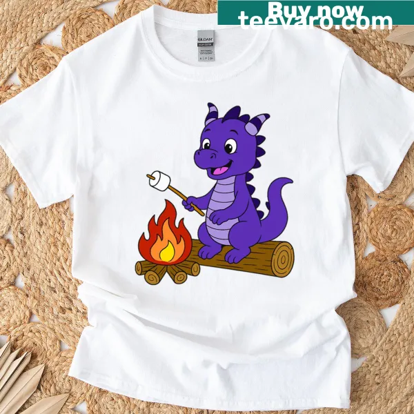 Illustration of a dragon toasting a marshmallow on a purple t-shirt