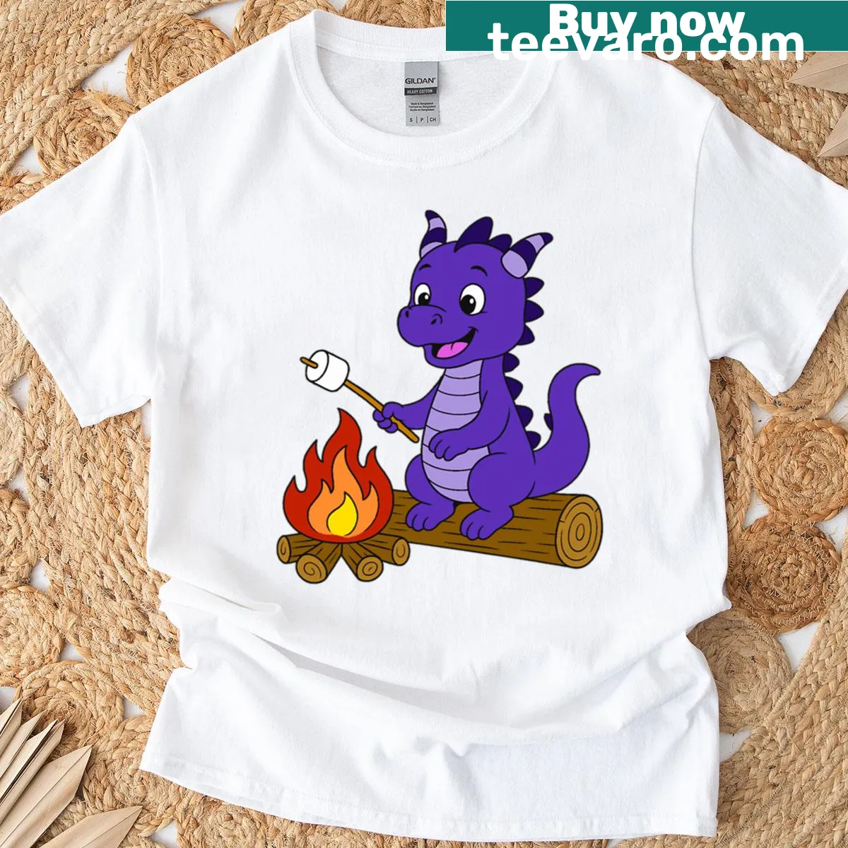 Illustration of a dragon toasting a marshmallow on a purple t-shirt — on a men's t-shirt