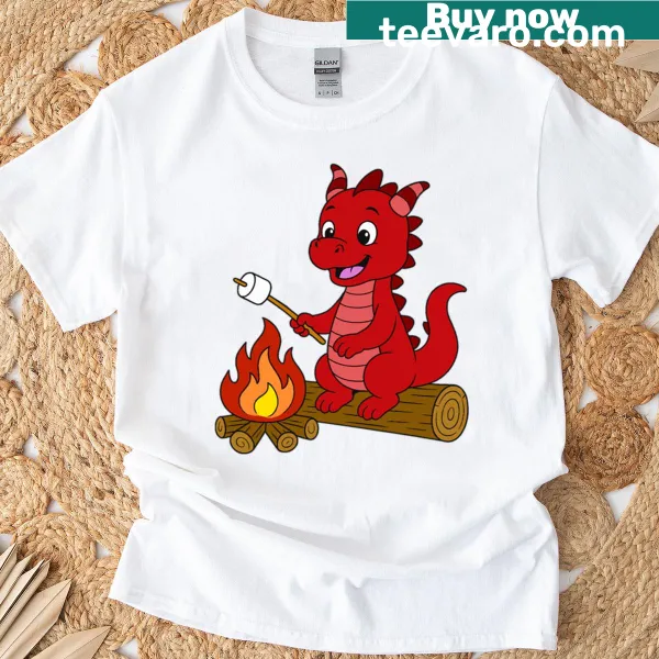Illustration of a dragon toasting a marshmallow on a red t-shirt