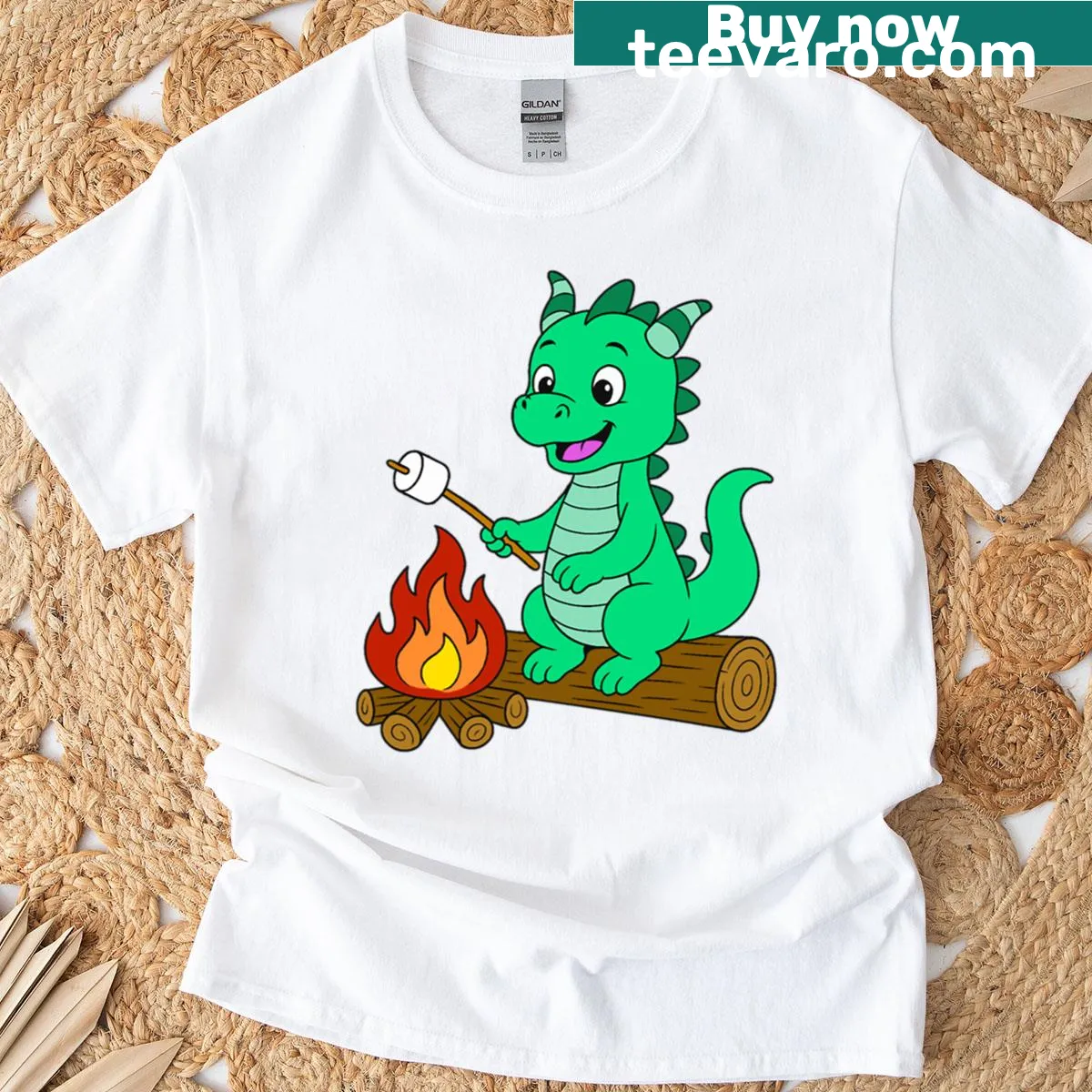 Illustration of a dragon toasting a marshmallow on a sea foam green t-shirt — on a men's t-shirt