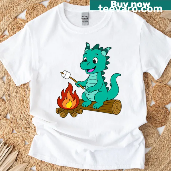 Illustration of a dragon toasting a marshmallow on a teal t-shirt