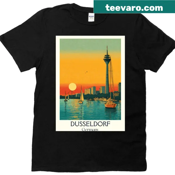 Vintage skyline graphic of Düsseldorf with sunset and Rhine Tower