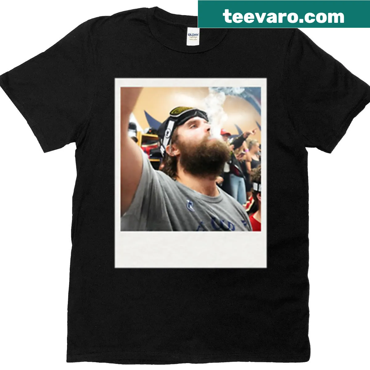Polaroid-style illustration of hockey players on a T-shirt — on a men's t-shirt