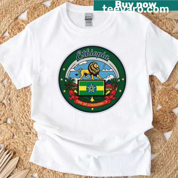 Illustrated Ethiopia graphic T-shirt showcasing cultural symbols
