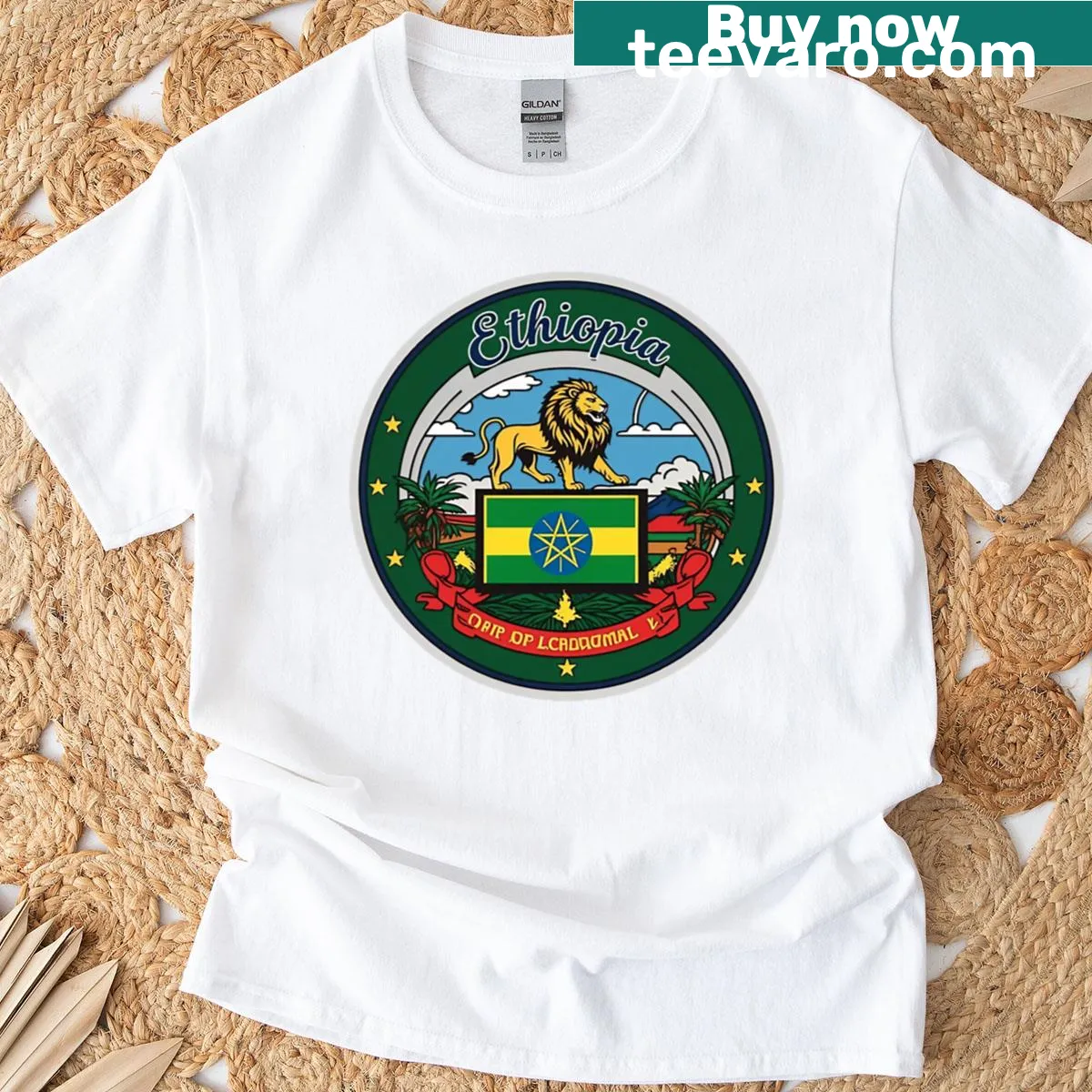 Illustrated Ethiopia graphic T-shirt showcasing cultural symbols — on a men's t-shirt