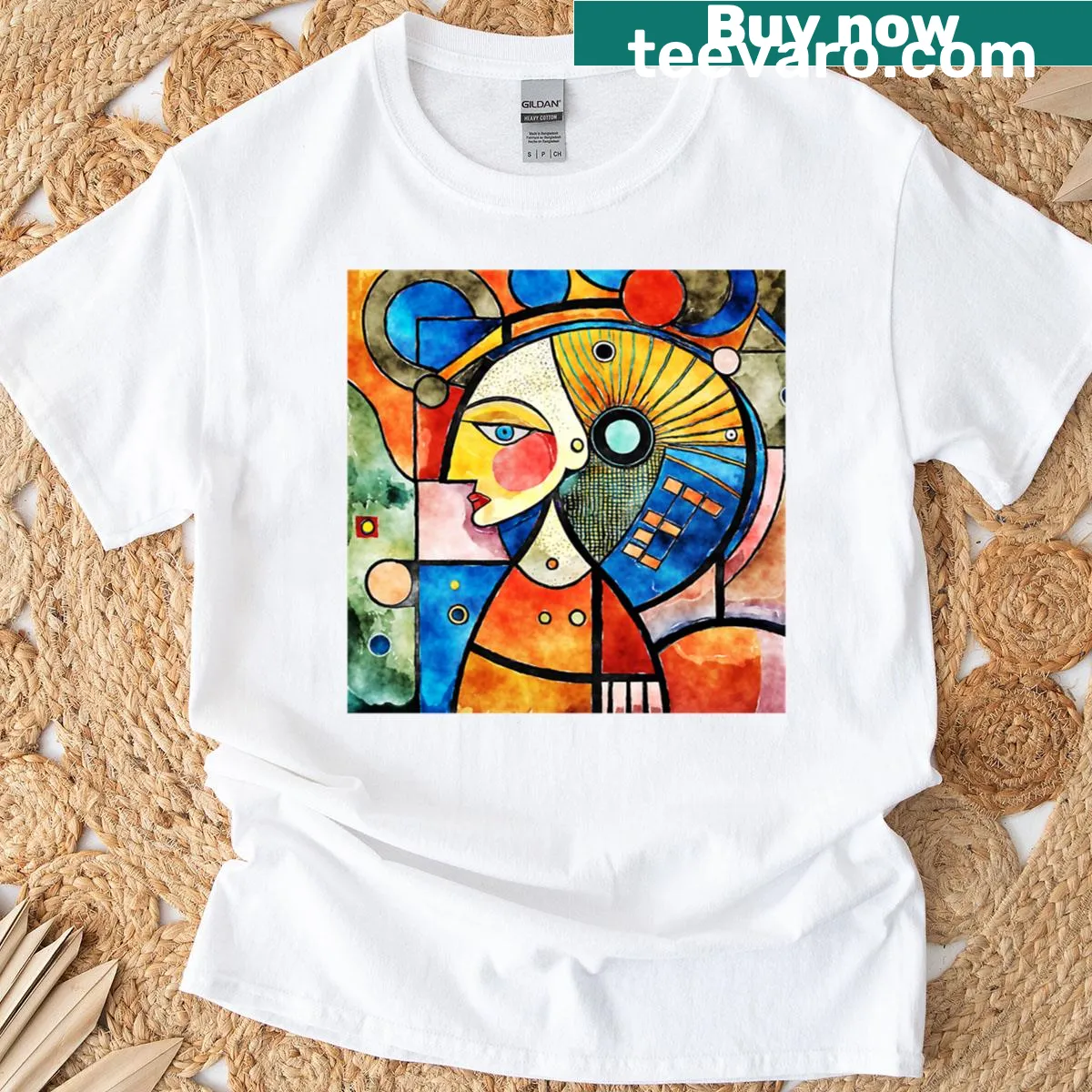Cubism-inspired face graphic on an abstract design T-shirt — on a men's t-shirt