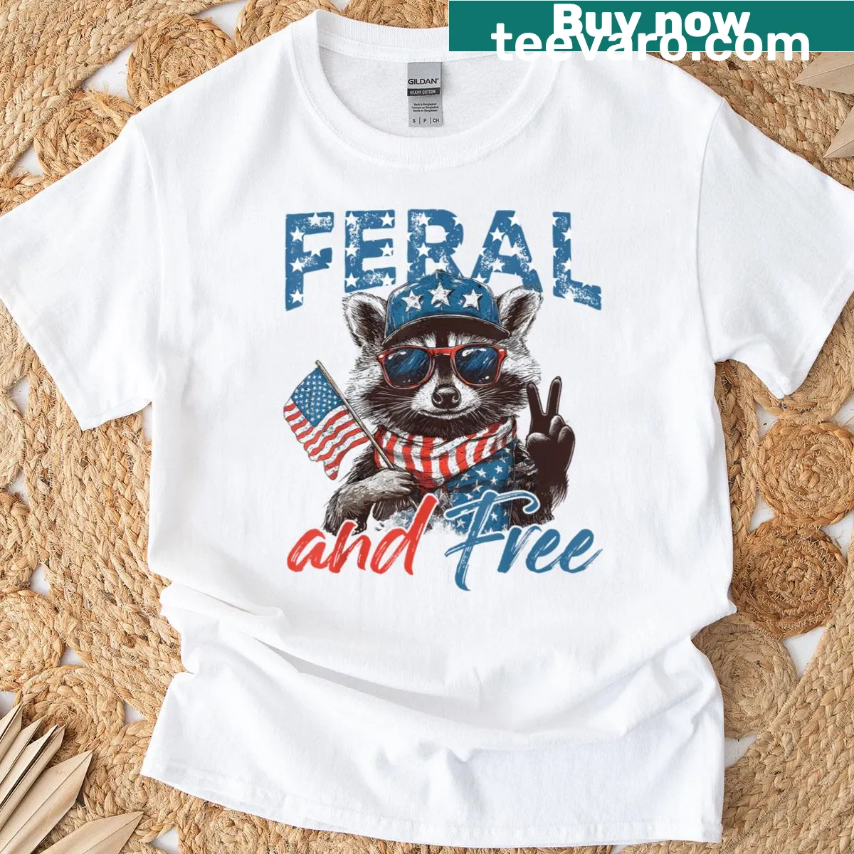 Funny raccoon graphic for Fourth of July T-shirt — on a men's t-shirt