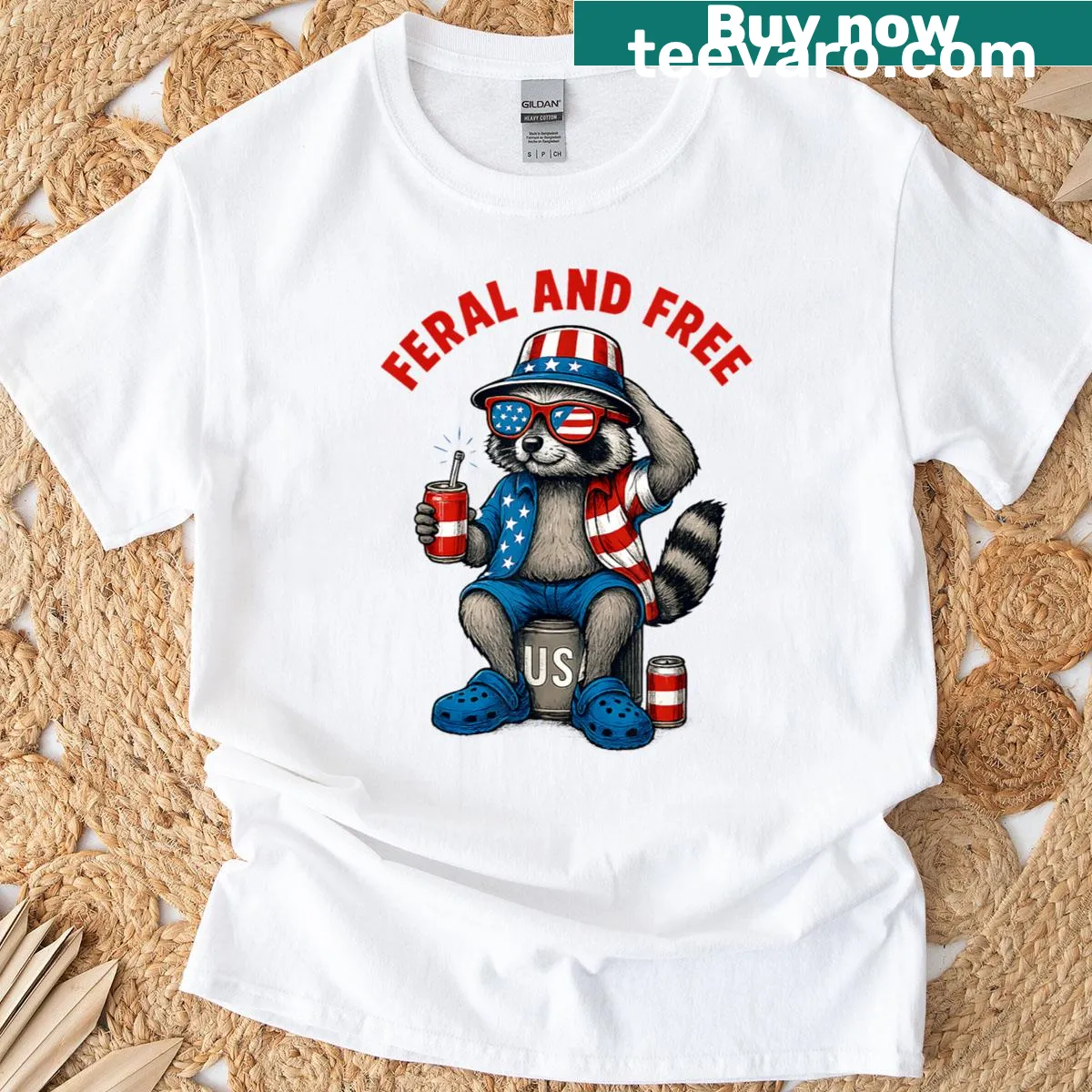 Whimsical raccoon T-shirt with 'Feral But Free' for Fourth of July — on a men's t-shirt