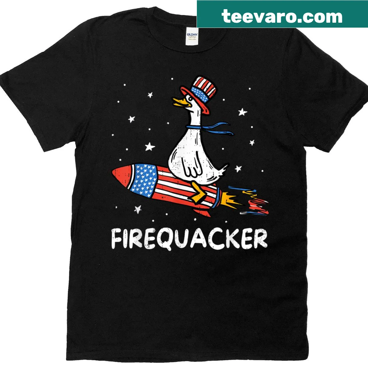Cartoon duck on a firecracker for a humorous Fourth of July t-shirt. — on a men's t-shirt