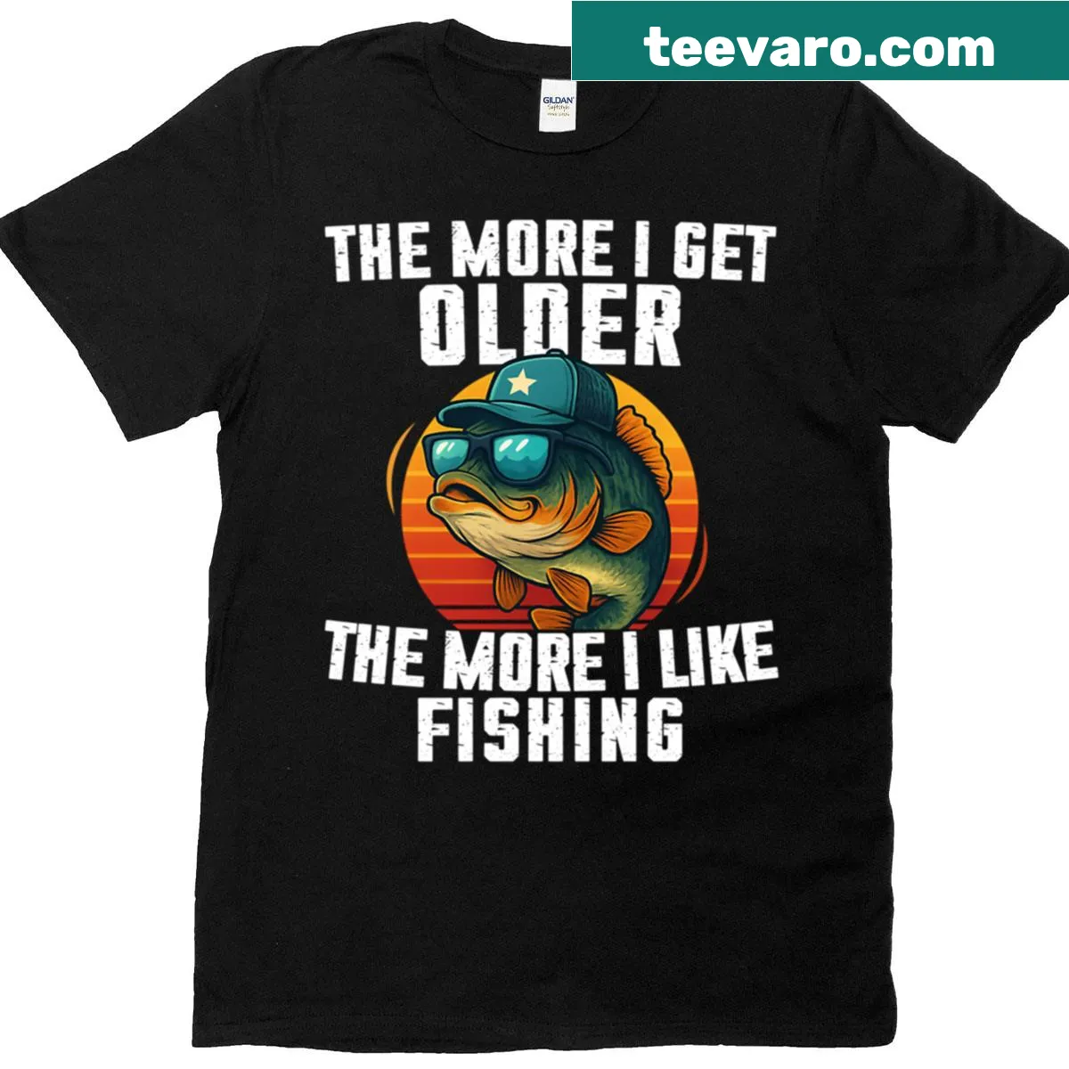 Humorous fishing t-shirt featuring an illustration of a bass fish. — on a men's t-shirt