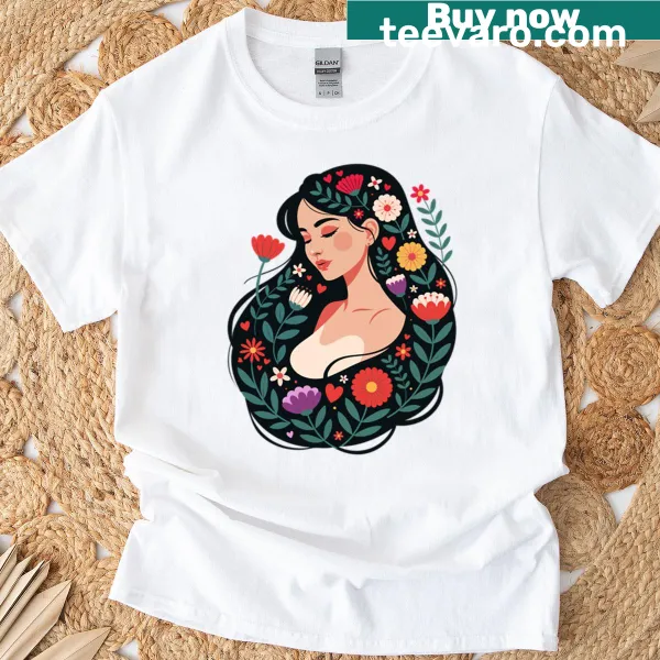 Inspirational T-shirt for women saying 'Flourishing Woman' in elegant typography.