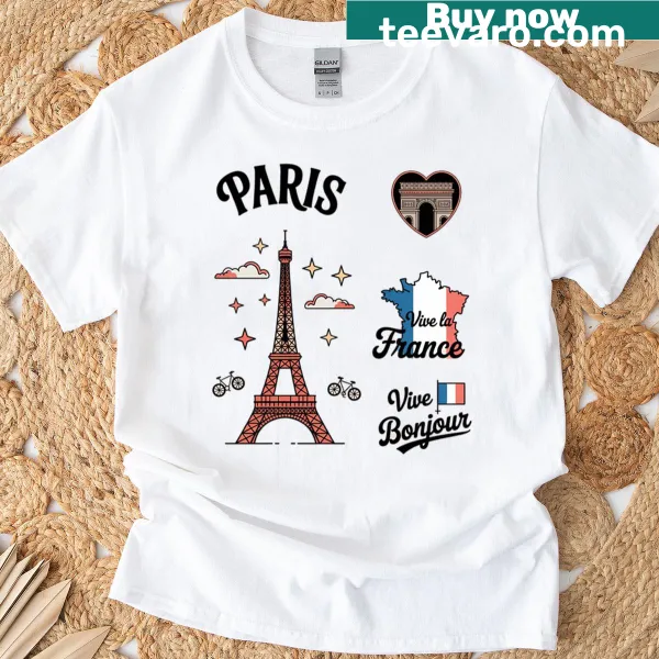 Cartoon graphic T-shirt celebrating French culture and landmarks.
