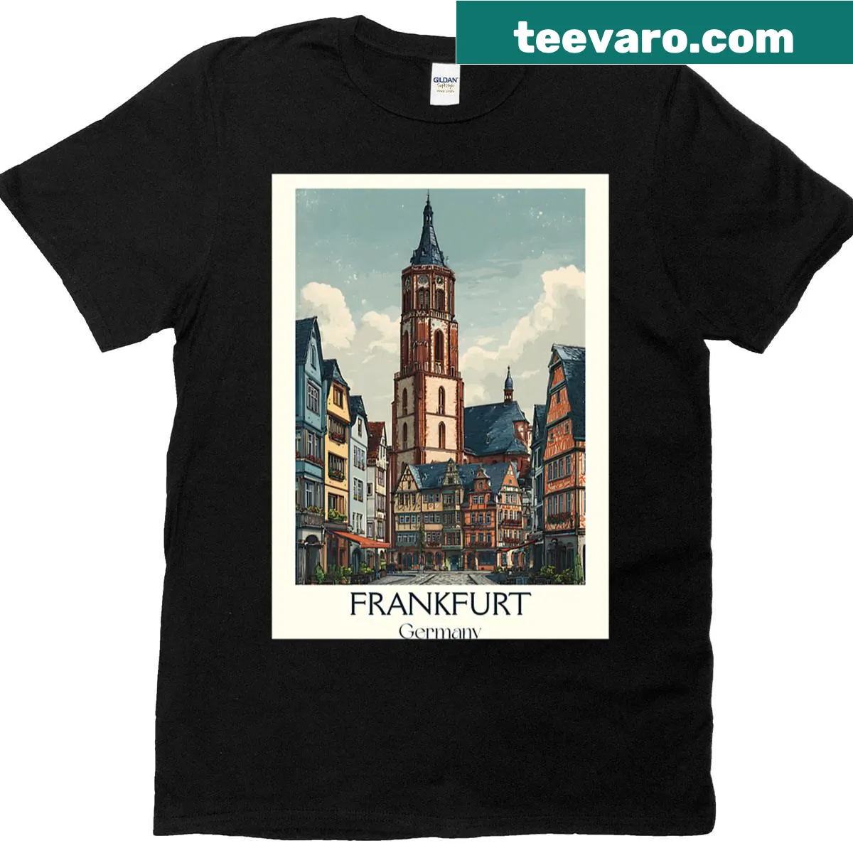 T-shirt featuring a towering church in Frankfurt's old town — on a men's t-shirt