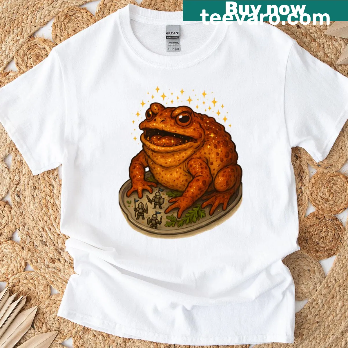 Cartoon chef frog flipping a frying pan on a T-shirt — on a men's t-shirt