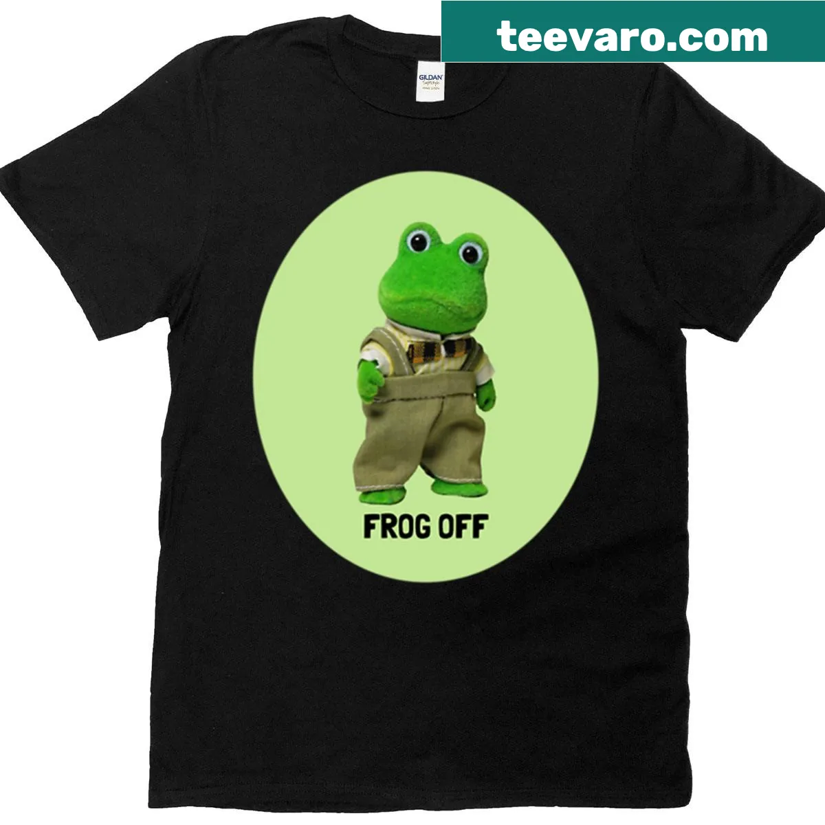 Bold 'Frog Off' text graphic on a humorous T-shirt — on a men's t-shirt