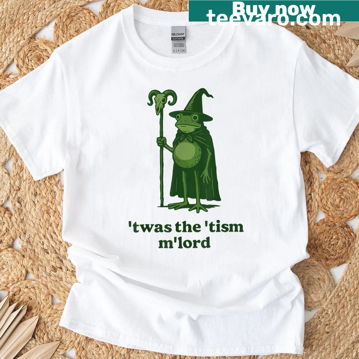 Whimsical frog witch illustration on a T-shirt — on a men's t-shirt