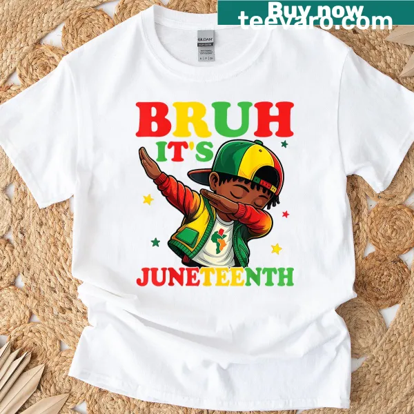 Juneteenth t-shirt with the phrase 'Bruh, It's Juneteenth' in playful text