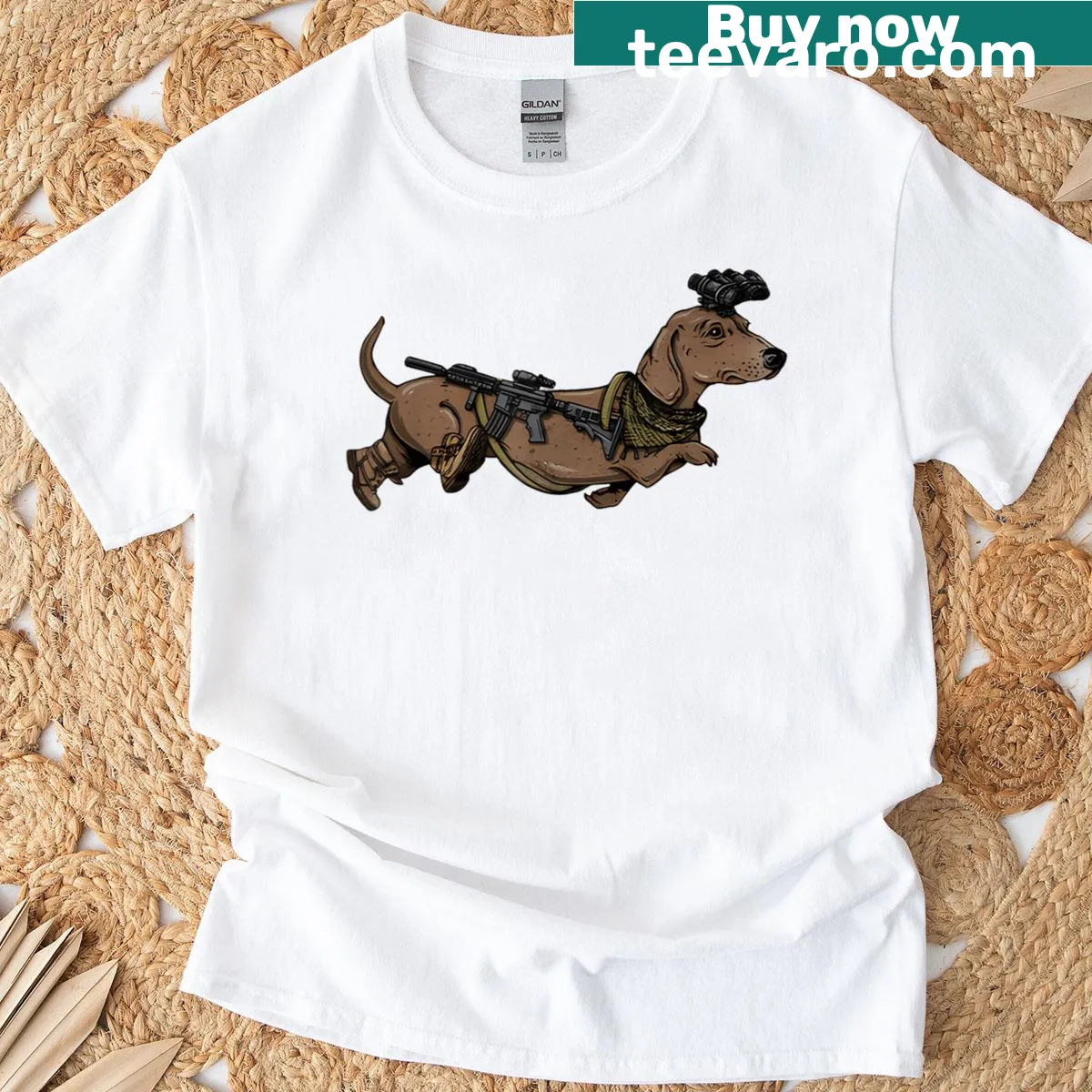 Illustrated funny dachshund with tactical elements on a t-shirt — on a men's t-shirt