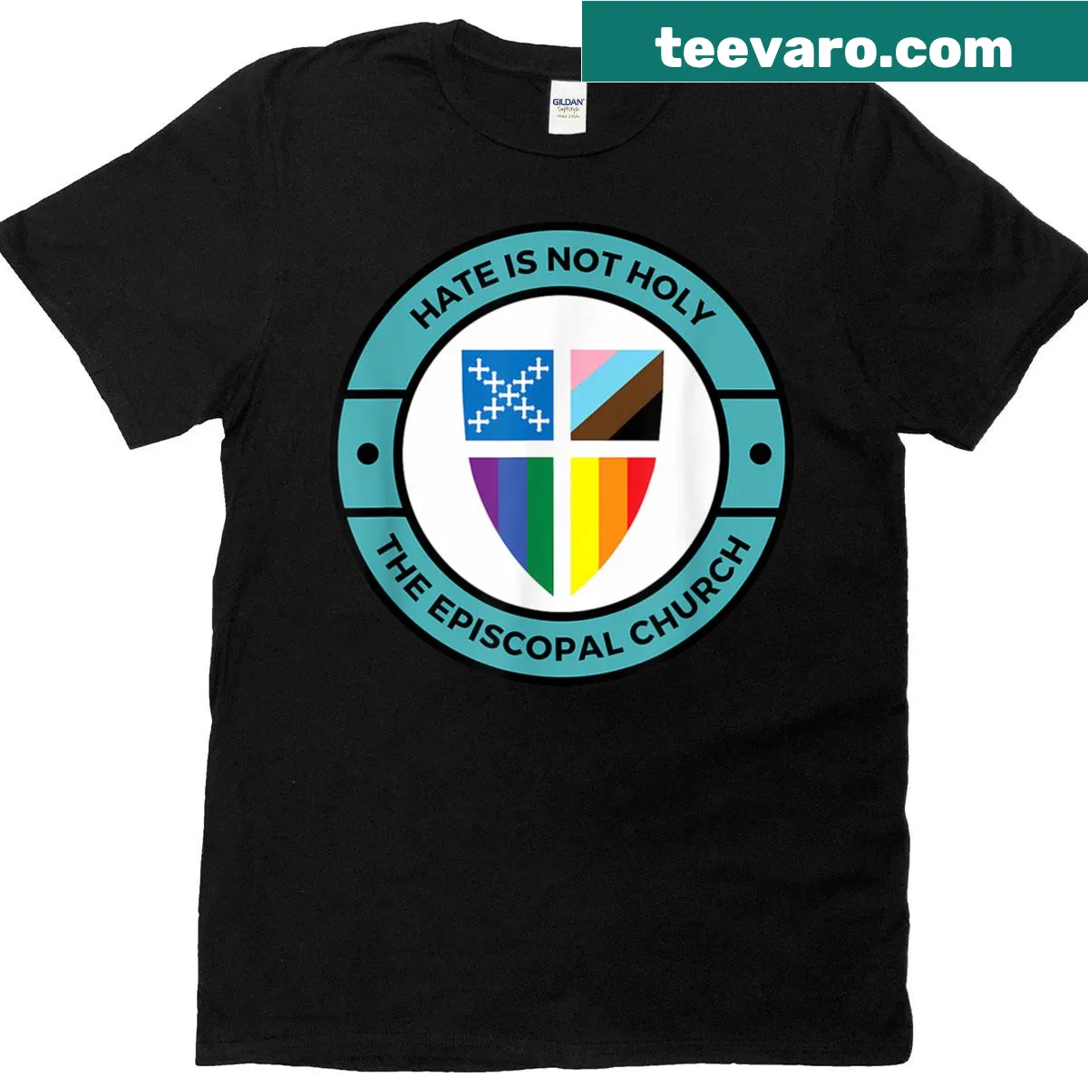 Rainbow text graphic stating 'Hate Is Not Holy' on a T-shirt — on a men's t-shirt