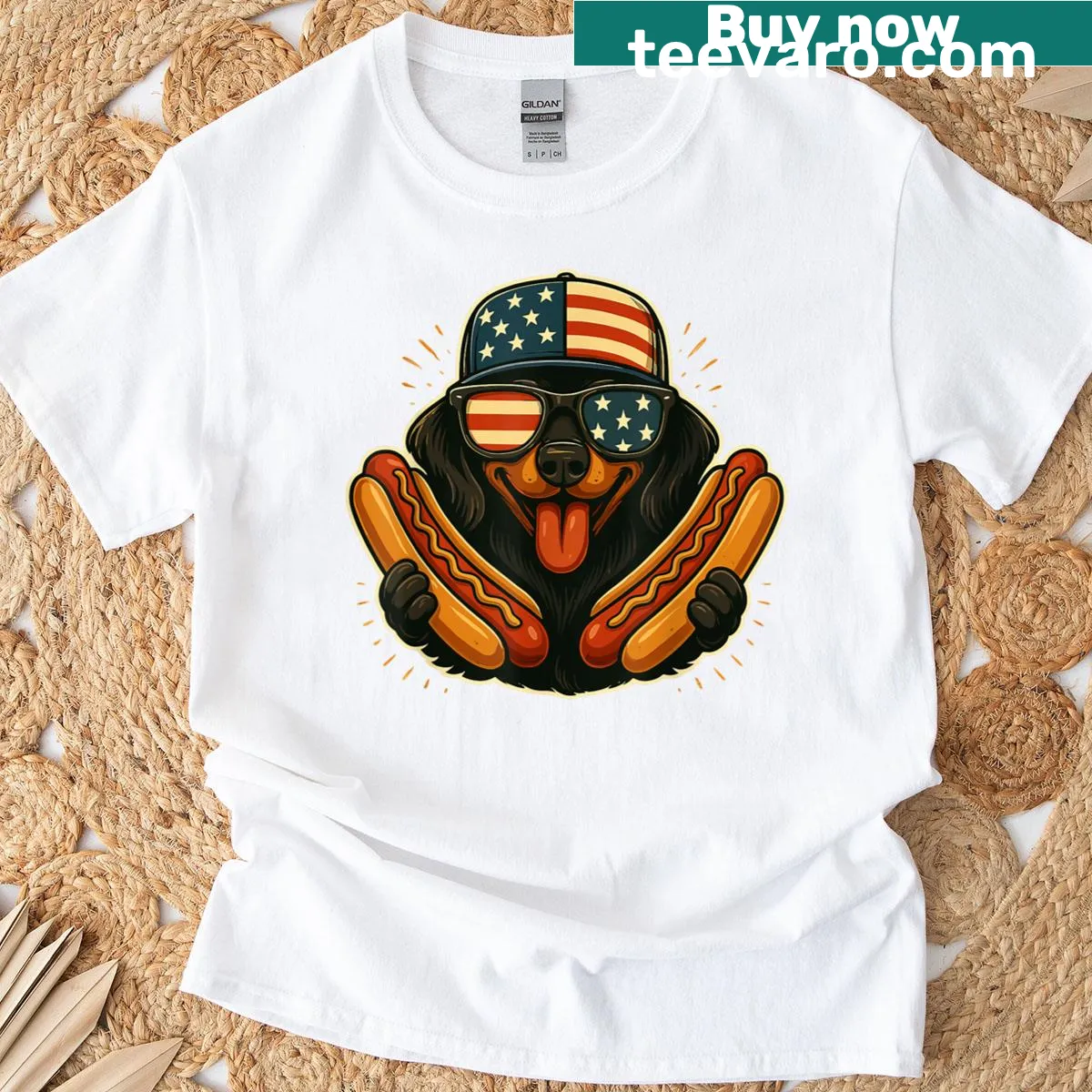 Patriotic dachshund with hotdog illustration for July 4th — on a men's t-shirt