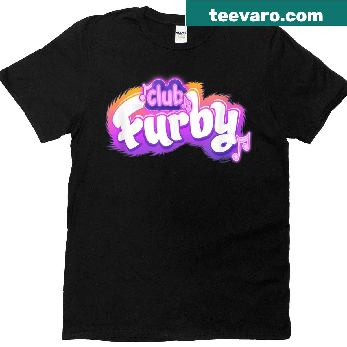 Illustrated Furby logo with musical notes on a fun T-shirt — on a men's t-shirt