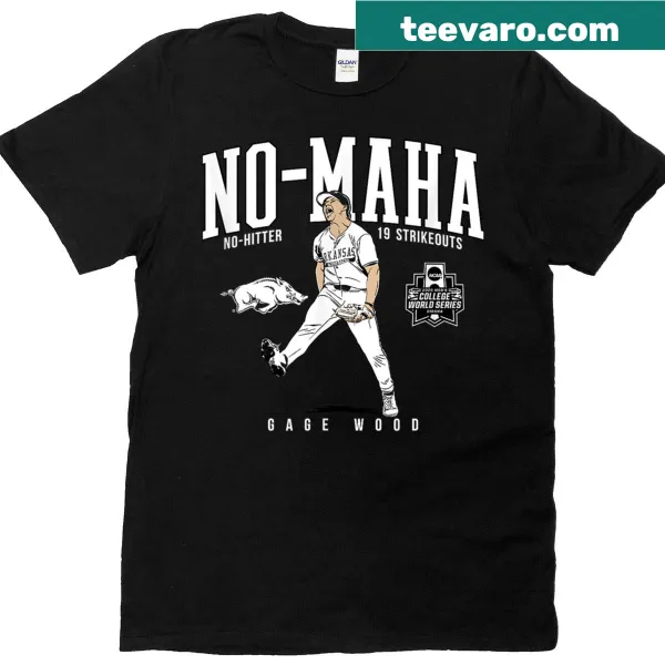 Bold Arkansas baseball T-shirt celebrating Gage Wood's no-hitter.