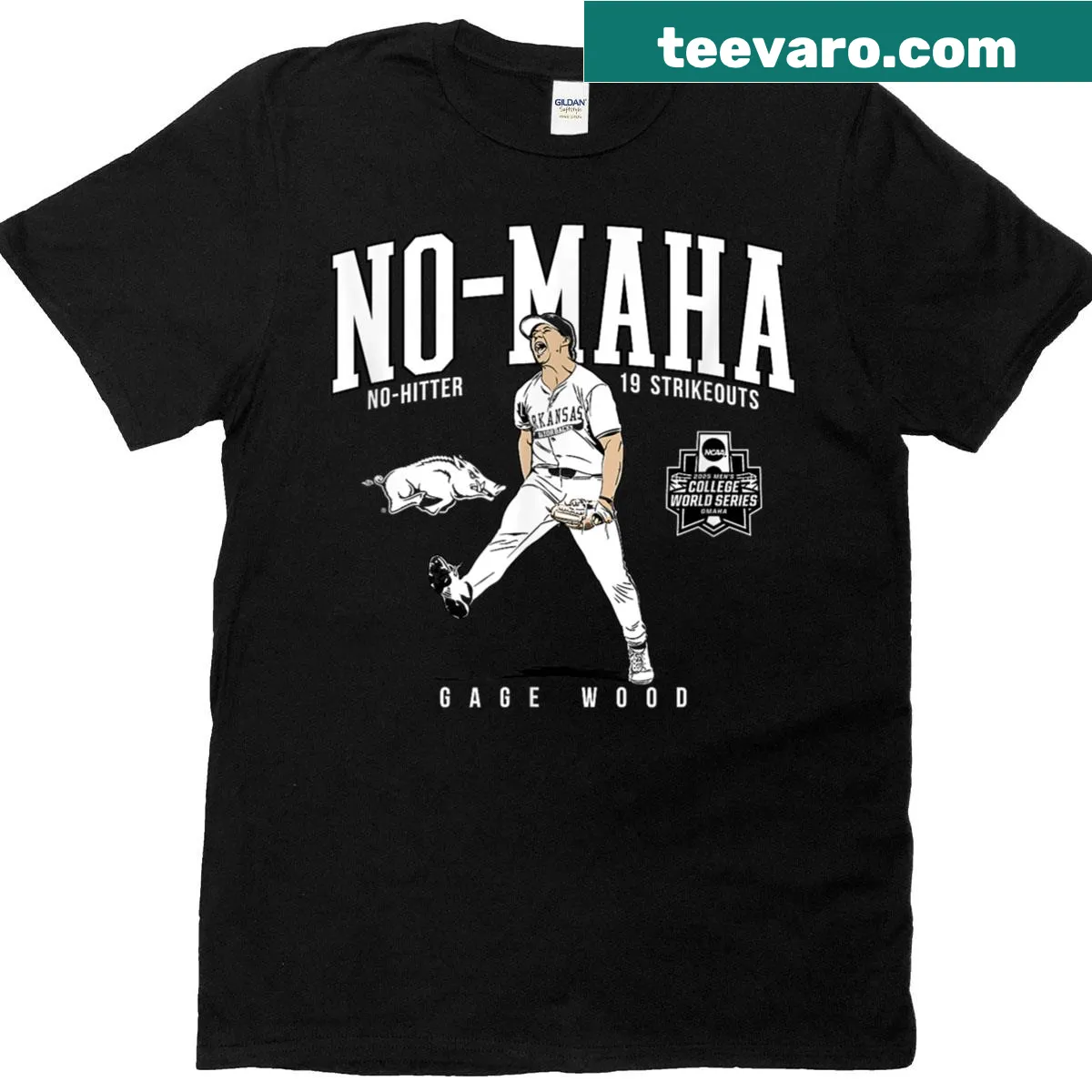 Bold Arkansas baseball T-shirt celebrating Gage Wood's no-hitter. — on a men's t-shirt