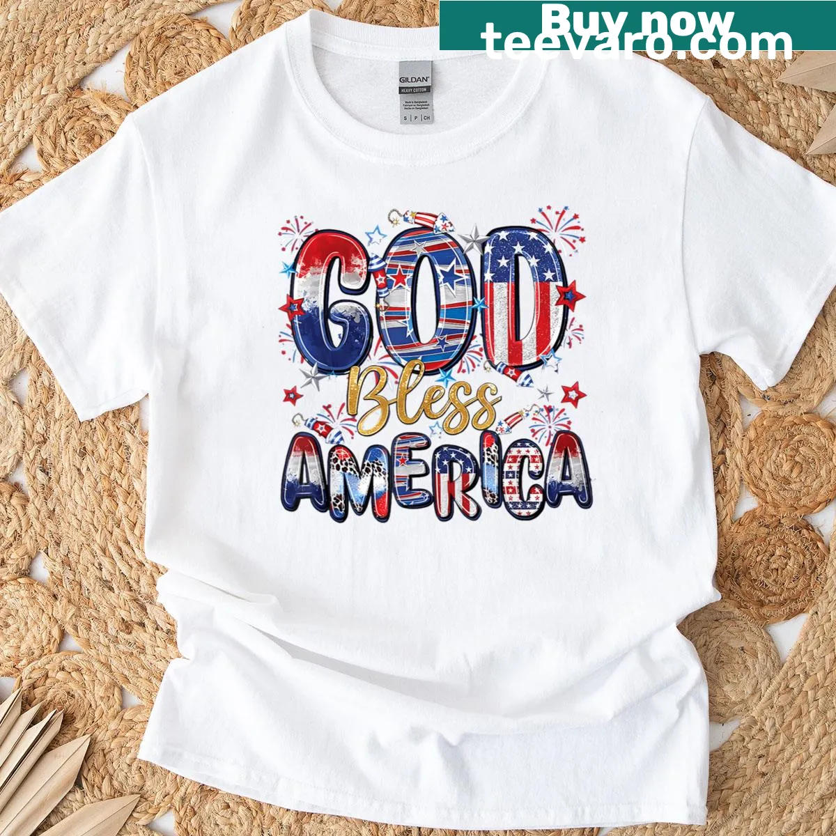 Patriotic T-shirt with fireworks and Christian message — on a men's t-shirt
