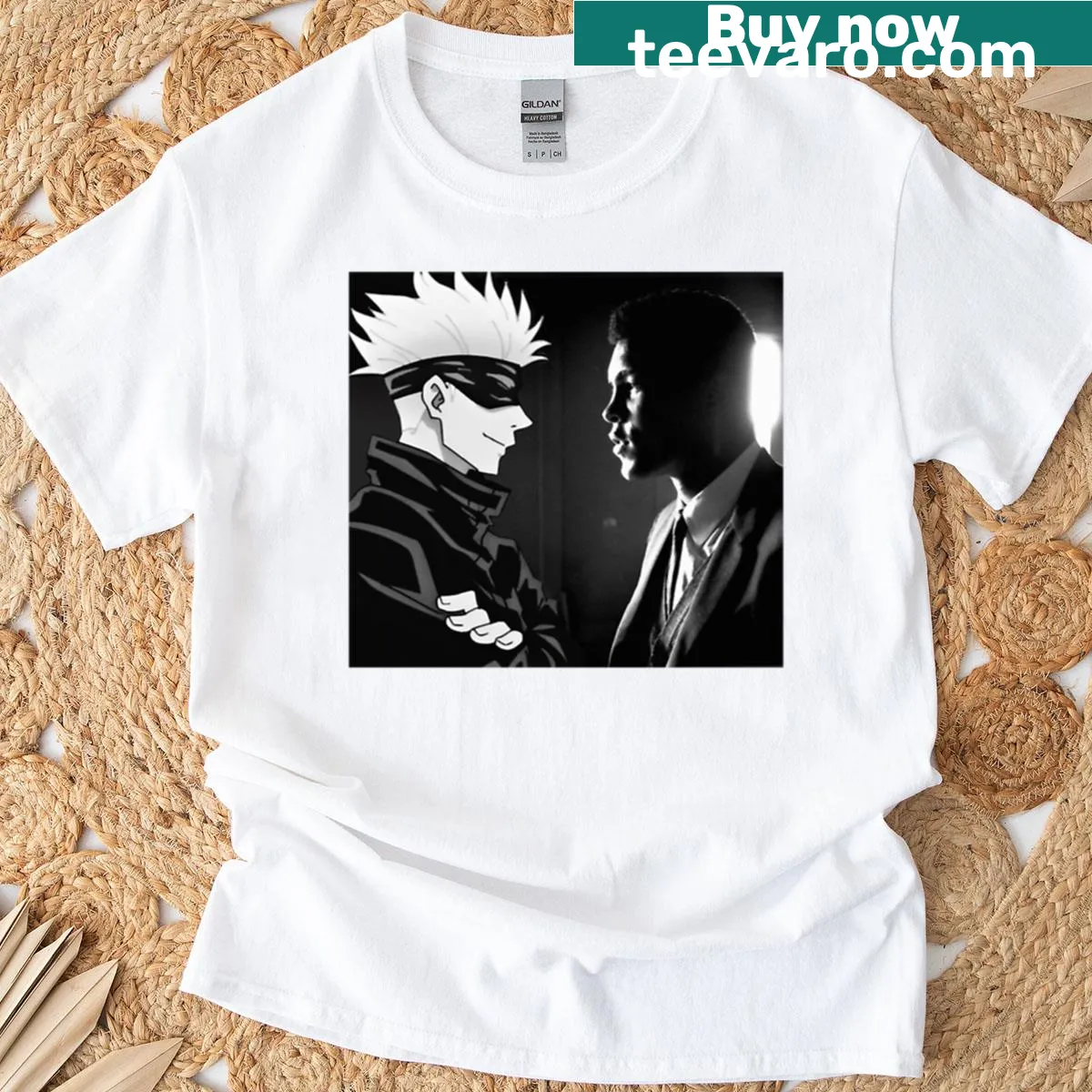 Illustrated Gojo Ali graphic T-shirt featuring dynamic motion and energy. — on a men's t-shirt