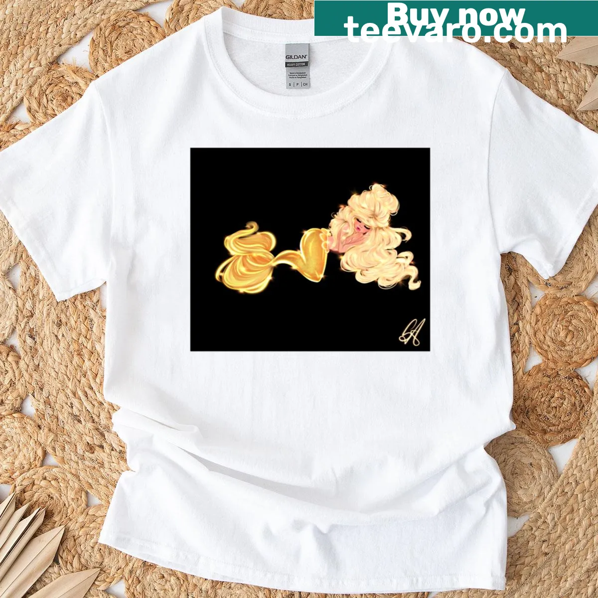 T-shirt with a golden mermaid graphic swimming in shimmering waves. — on a men's t-shirt