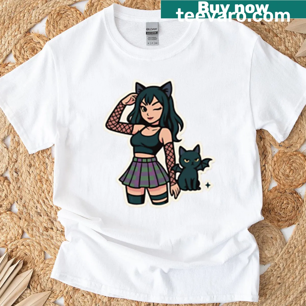 Cute goth catgirl and bat design t-shirt — on a men's t-shirt