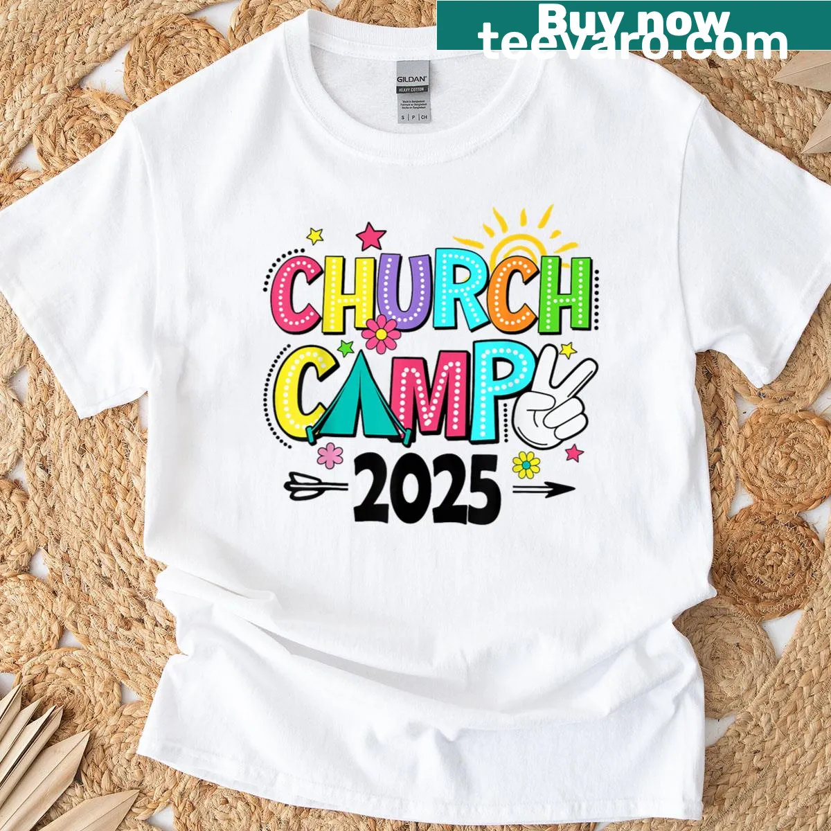 Matching Christian camp T-shirt with playful typography for families — on a men's t-shirt