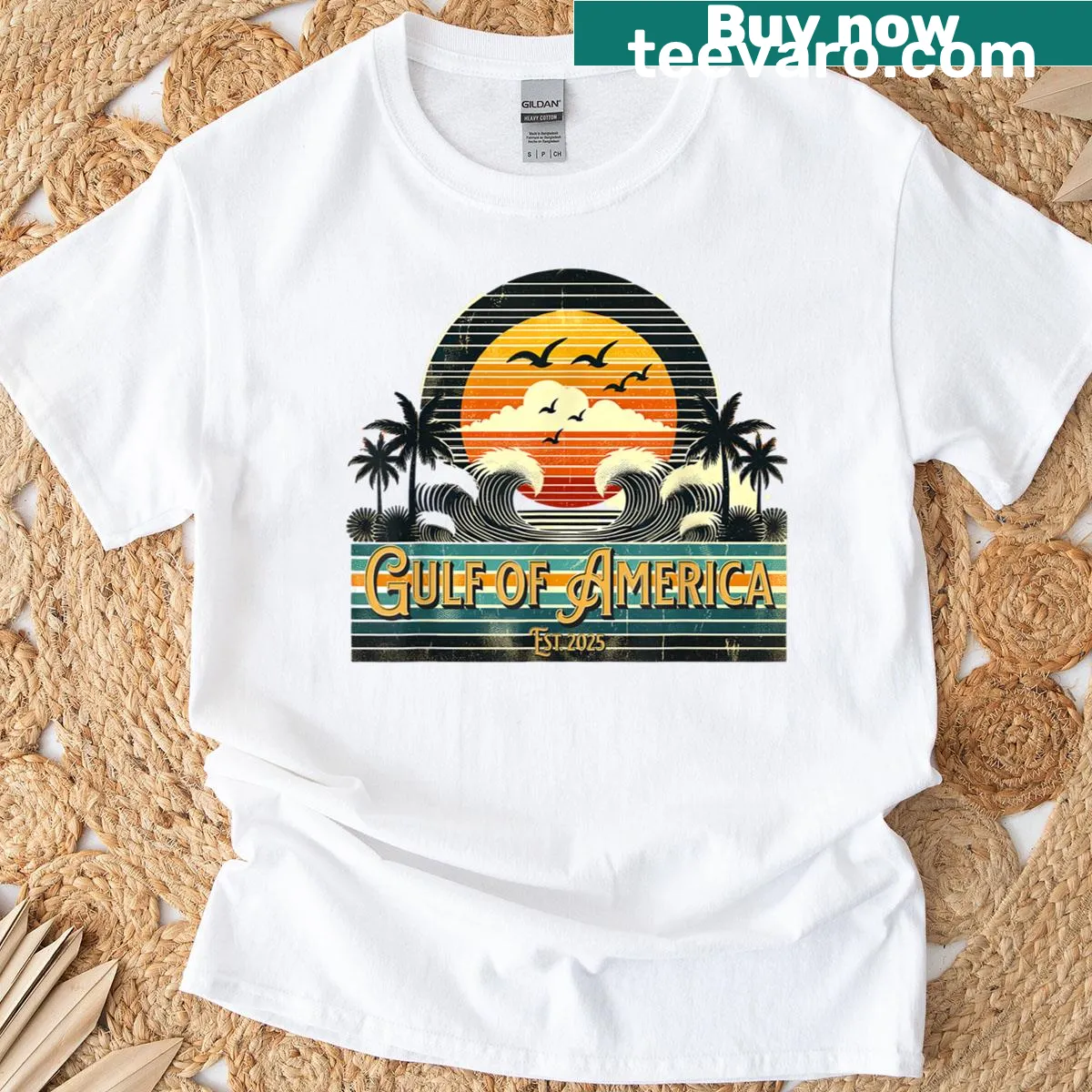Retro beach themed t-shirt celebrating the Gulf of America — on a men's t-shirt