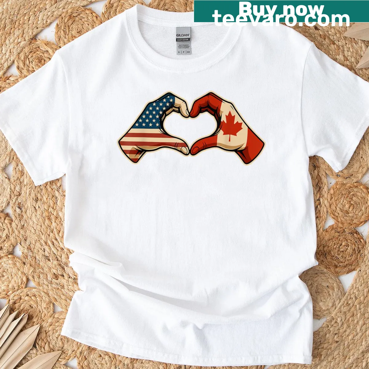 Heart-shaped T-shirt featuring Canada and USA flags design — on a men's t-shirt