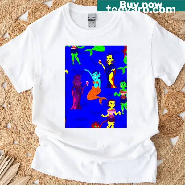 Cartoon T-shirt featuring a mermaid, vampire, and zombie for Halloween