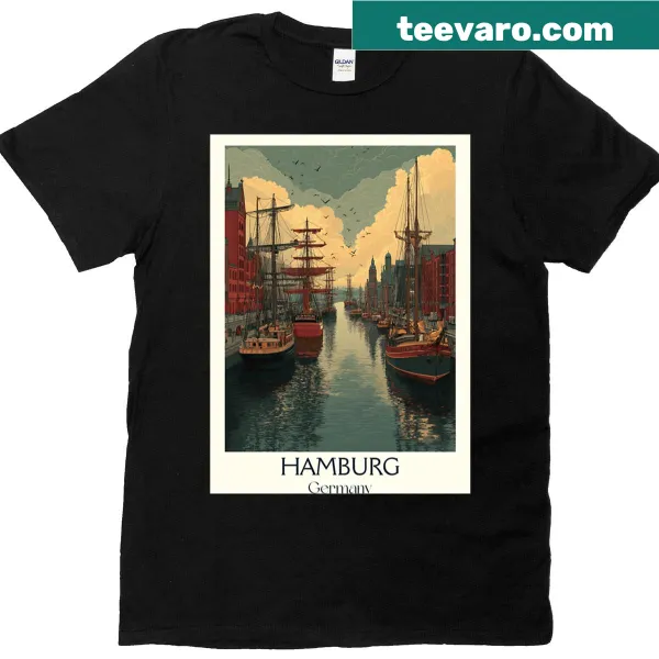 Illustrated T-shirt featuring historic ships and Hamburg's waterfront
