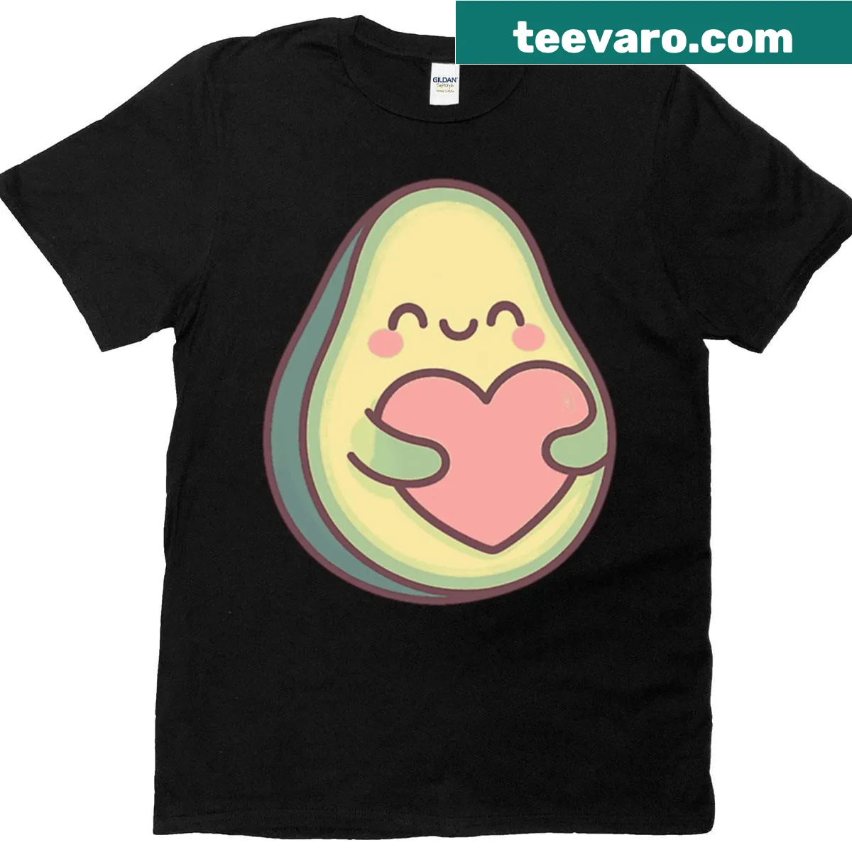 Kawaii T-shirt with a cute avocado hugging a heart sticker graphic — on a men's t-shirt