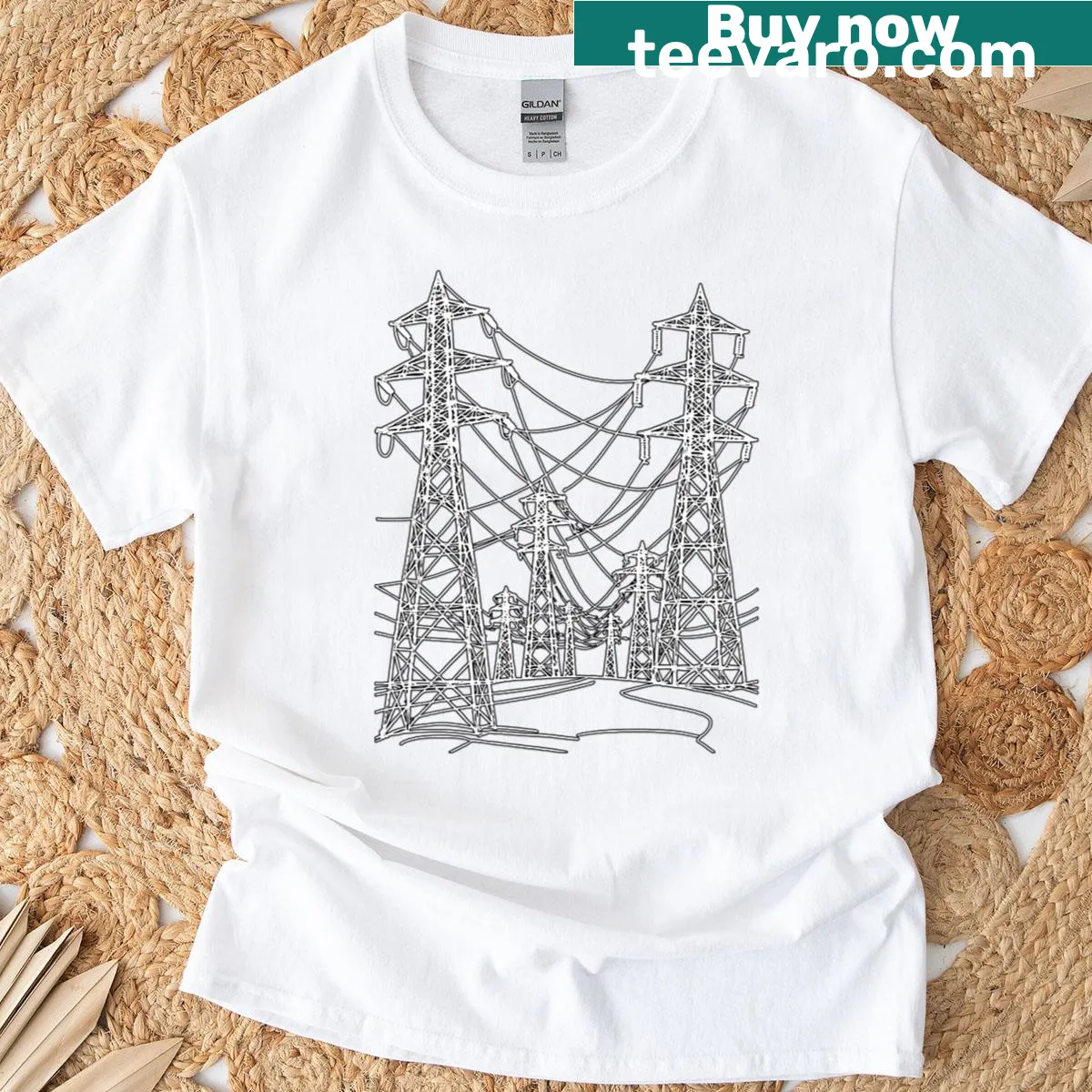 Illustrative design of high voltage towers and power lines on a t-shirt — on a men's t-shirt